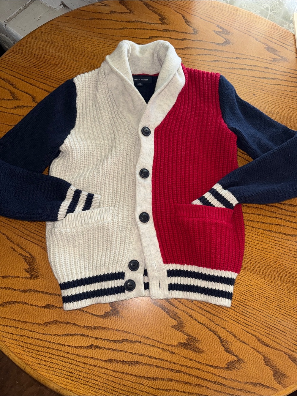 Tommy Hilfiger Colorblock Shawl Cardigan in Red, Navy & Cream